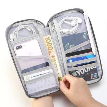 Open passport wallet with phone, ID card, currency notes, and document pockets.