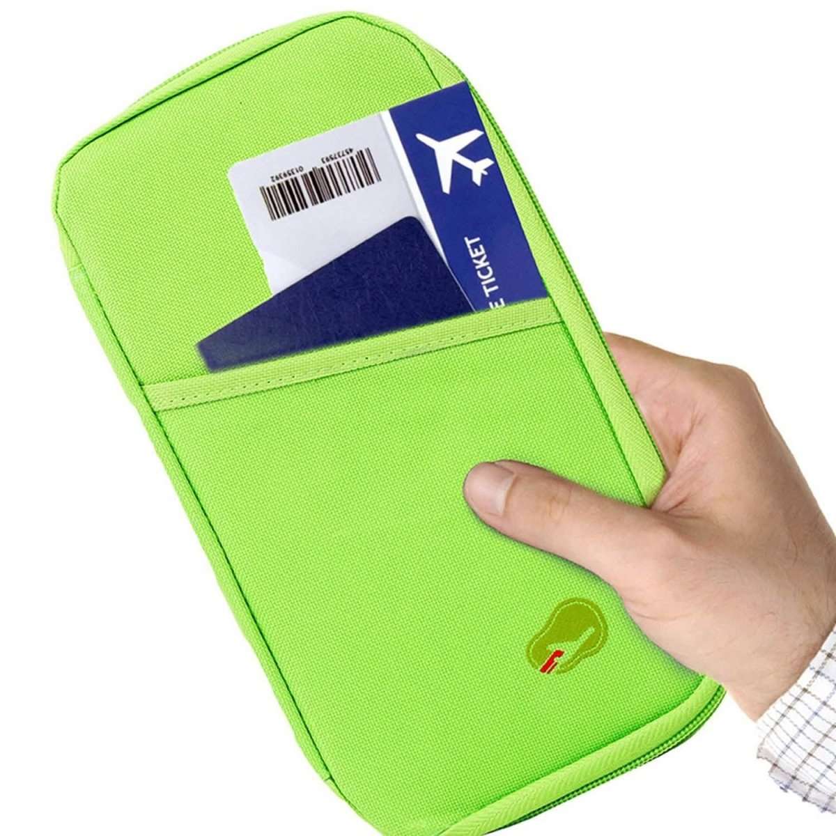 Green passport wallet with RFID-style icon, held by hand with ID card slots