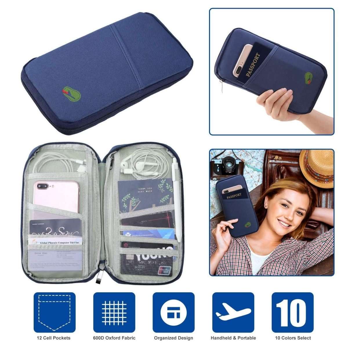 Blue travel passport wallet open, showing card holders and elastic storage bands