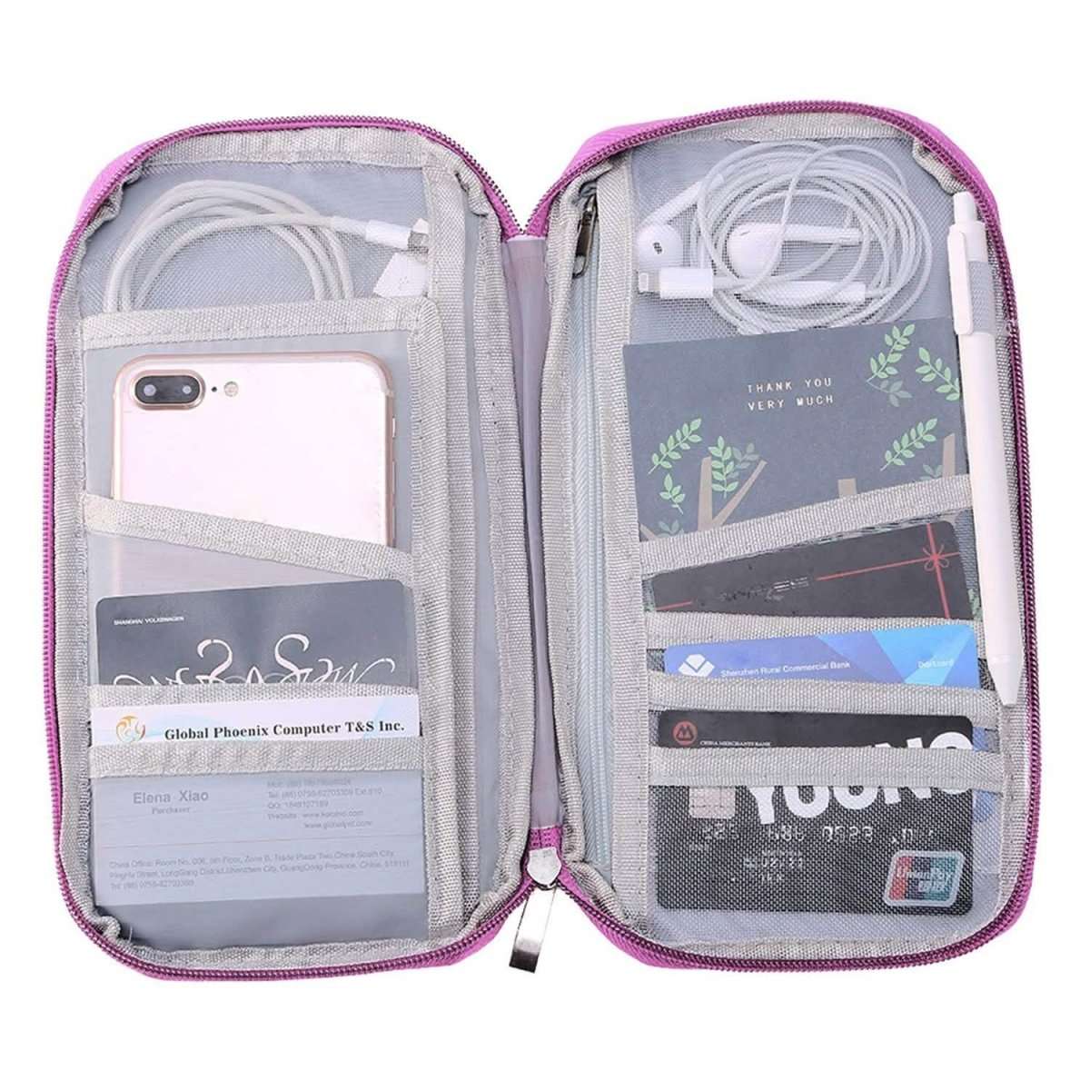 Travel passport wallet, rose pink, open with card slots and zippered compartments