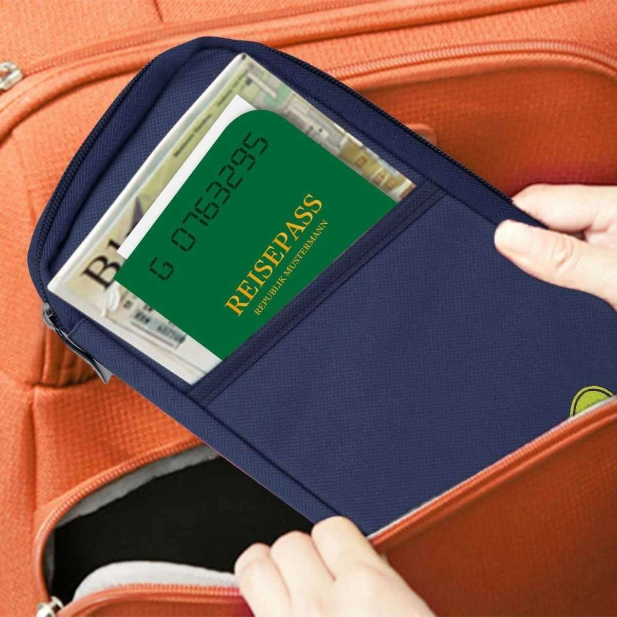 Blue travel passport wallet with passport and notes inside, held open