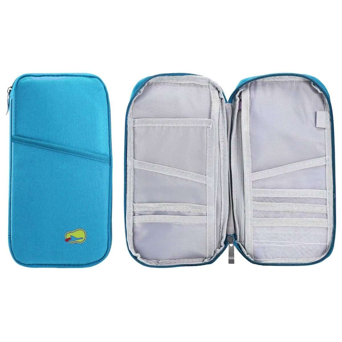 Blue passport wallet shown open and closed, with inner card compartments and zip divider.