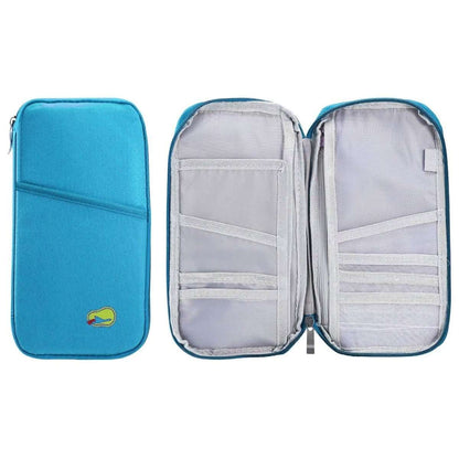 Blue passport wallet shown open and closed, with inner card compartments and zip divider.