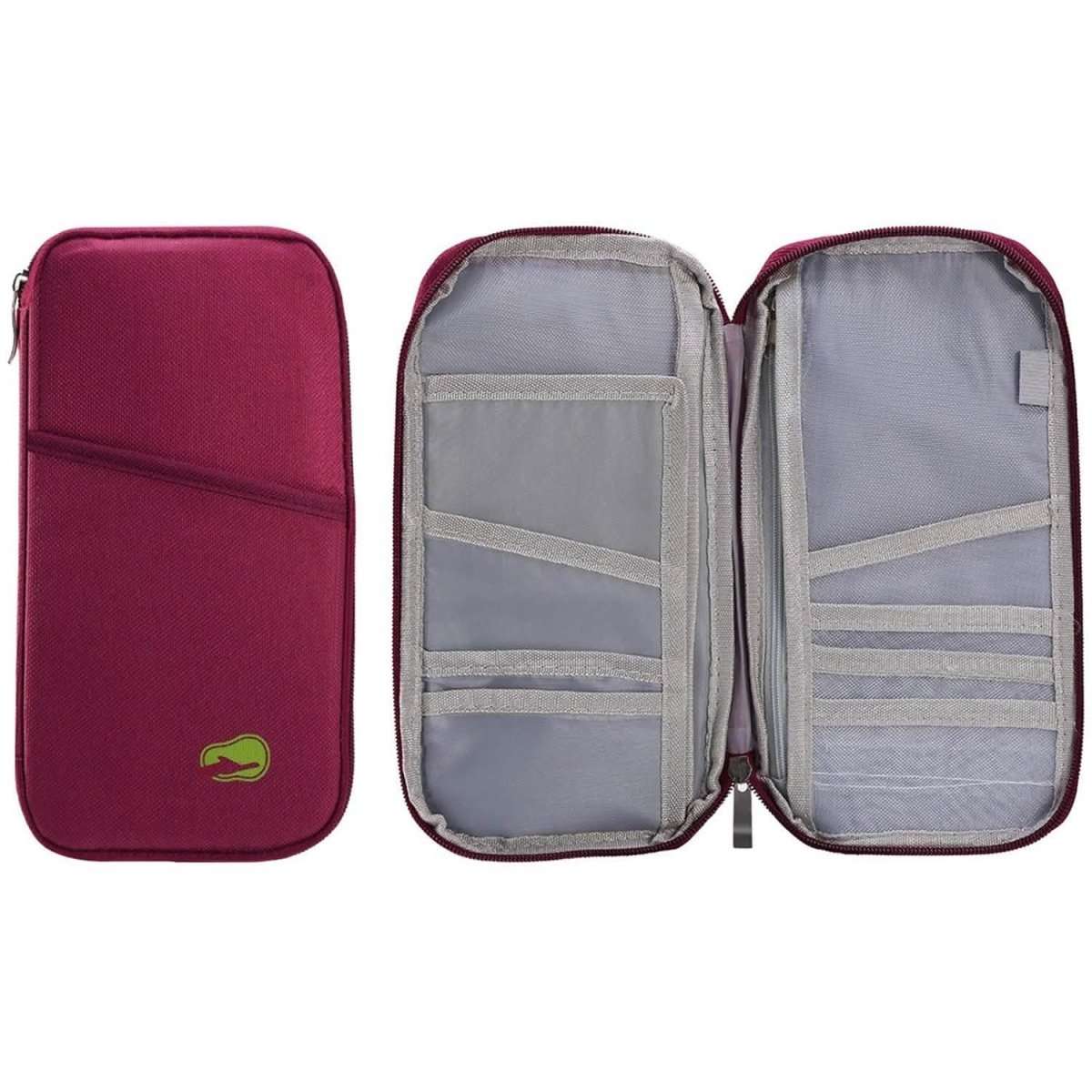 Travel passport wallet in deep red, shown closed and open with interior card pockets