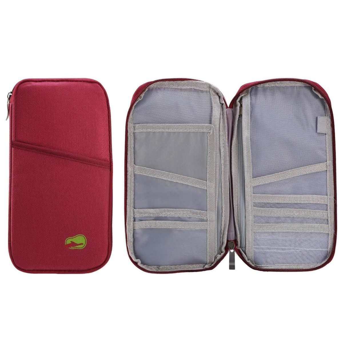 Red passport wallet opened to show multiple fabric card compartments and zip divider