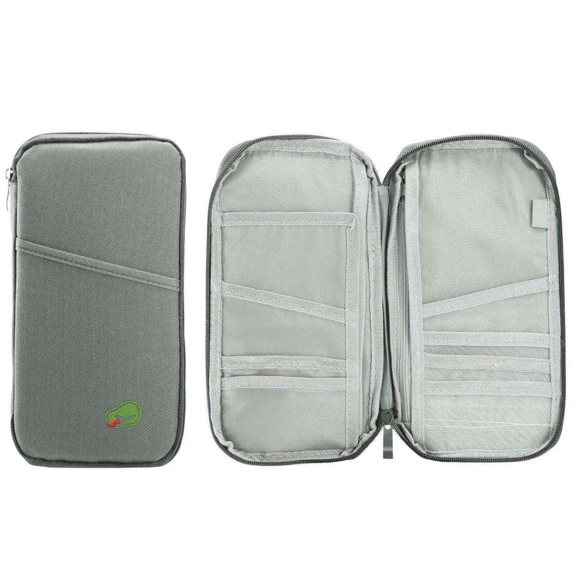 Travel passport wallet opened to show multiple card slots and elastic document pockets.