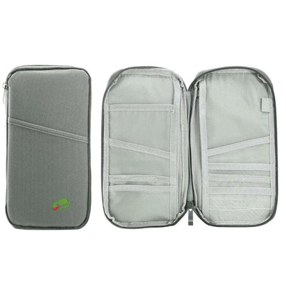 Travel passport wallet opened to show multiple card slots and elastic document pockets.