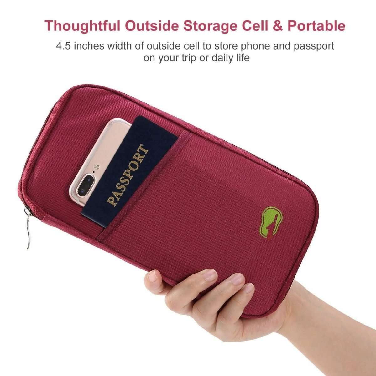 Red passport wallet with outer storage pocket holding phone and passport card