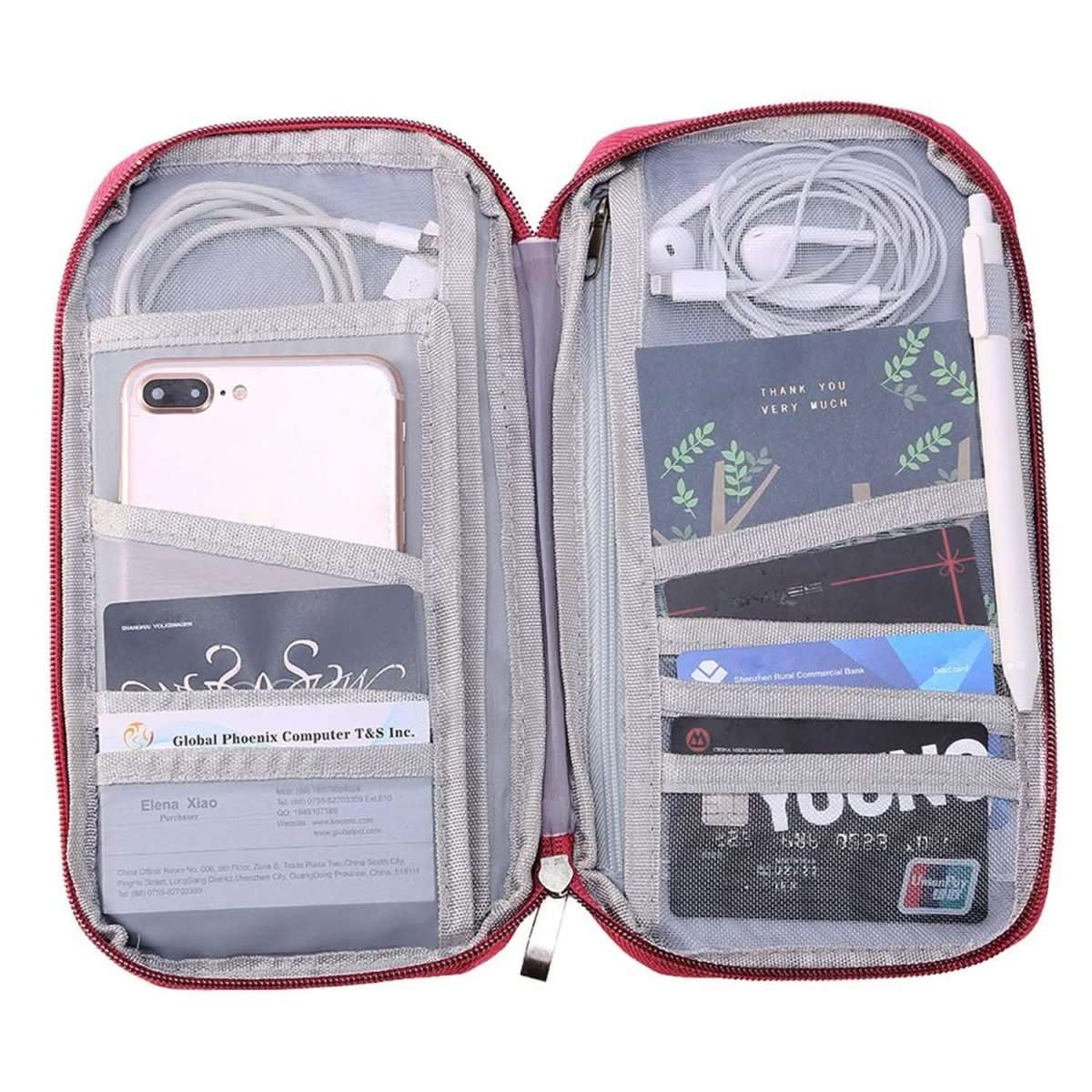 Travel passport wallet in rose pink, open to display card slots and phone pocket