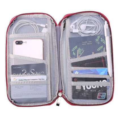Travel passport wallet in rose pink, open to display card slots and phone pocket