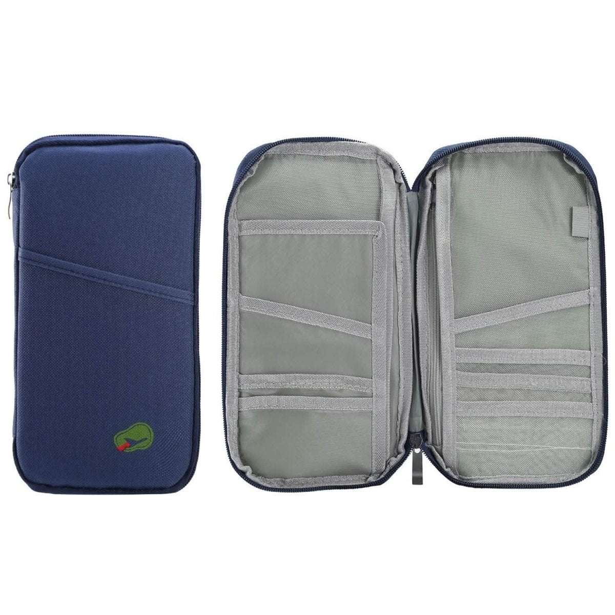 Travel passport wallet in dark navy, open showing interior card slots and compartments