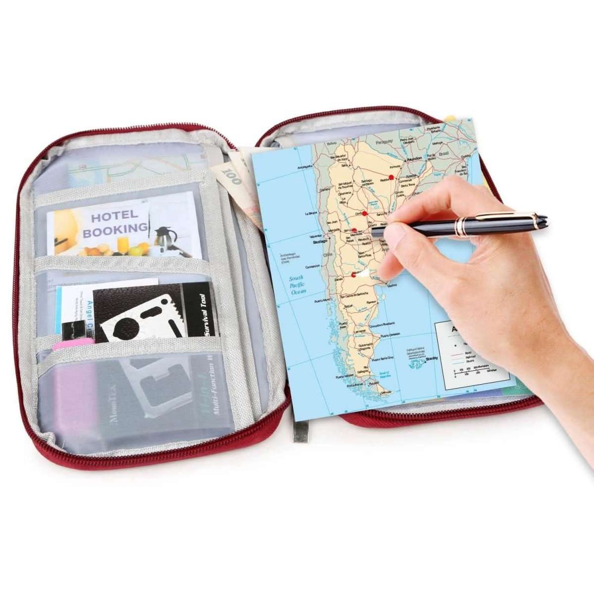 Passport wallet with zip-open layout, holding cards and a travel map in mesh pockets.