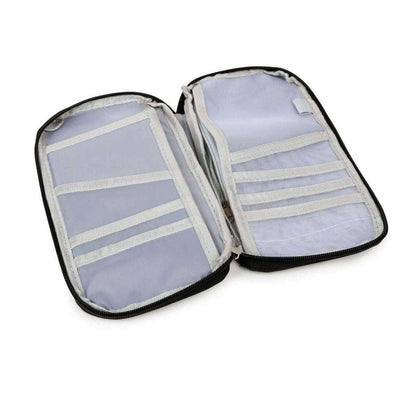 Open passport wallet with gray card slots and zippered compartments.