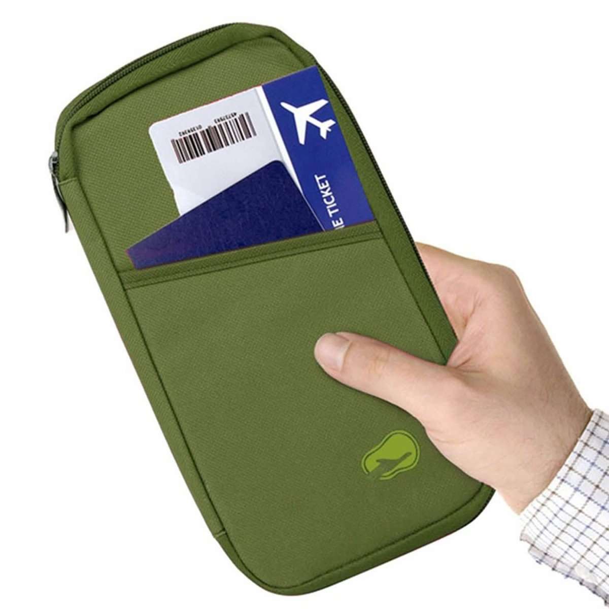 Olive green travel wallet with visible ID holder and zipper pocket
