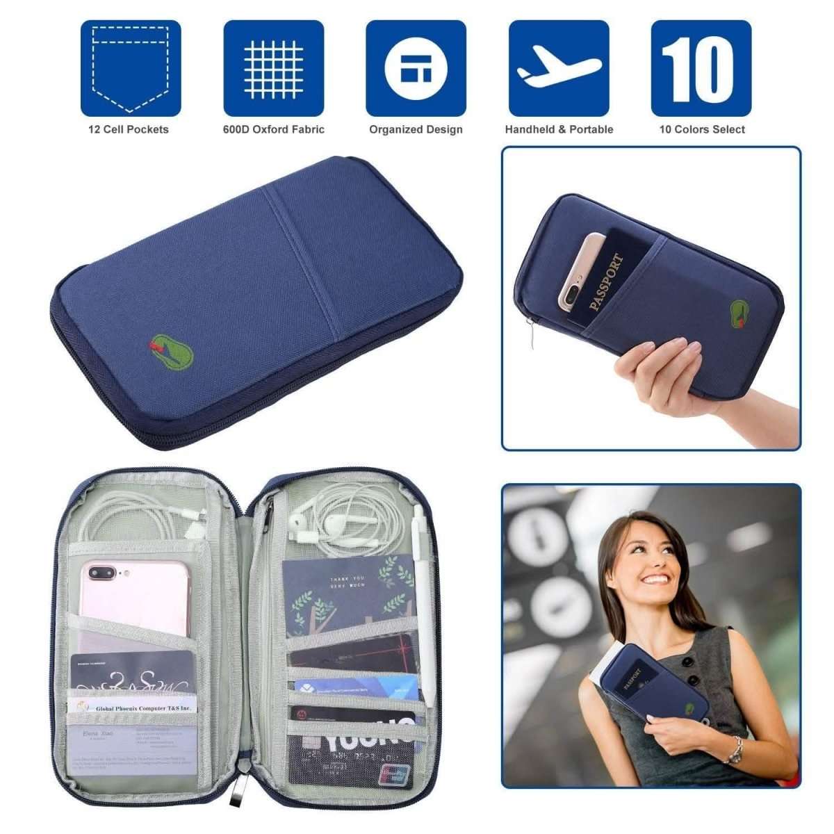 Blue travel passport wallet with 12 cell pockets, folded and open views
