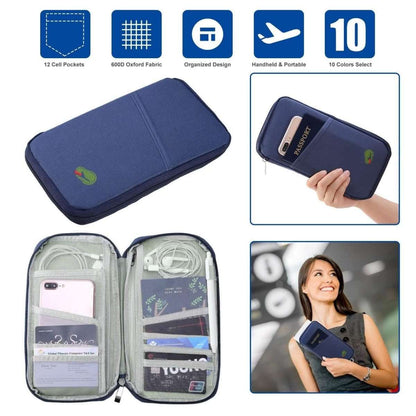 Blue travel passport wallet with 12 cell pockets, folded and open views