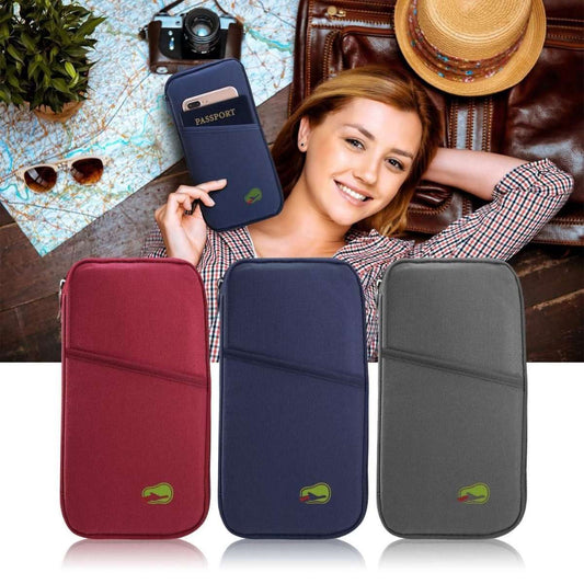 Travel passport wallets set showing red, navy, and dark gray zippered cases