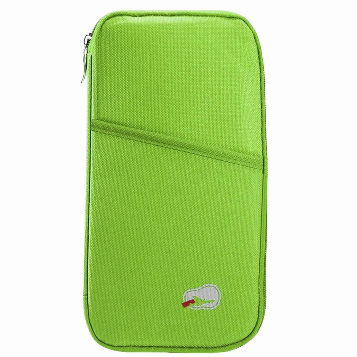 Green zip passport wallet with front seam and small dinosaur logo patch
