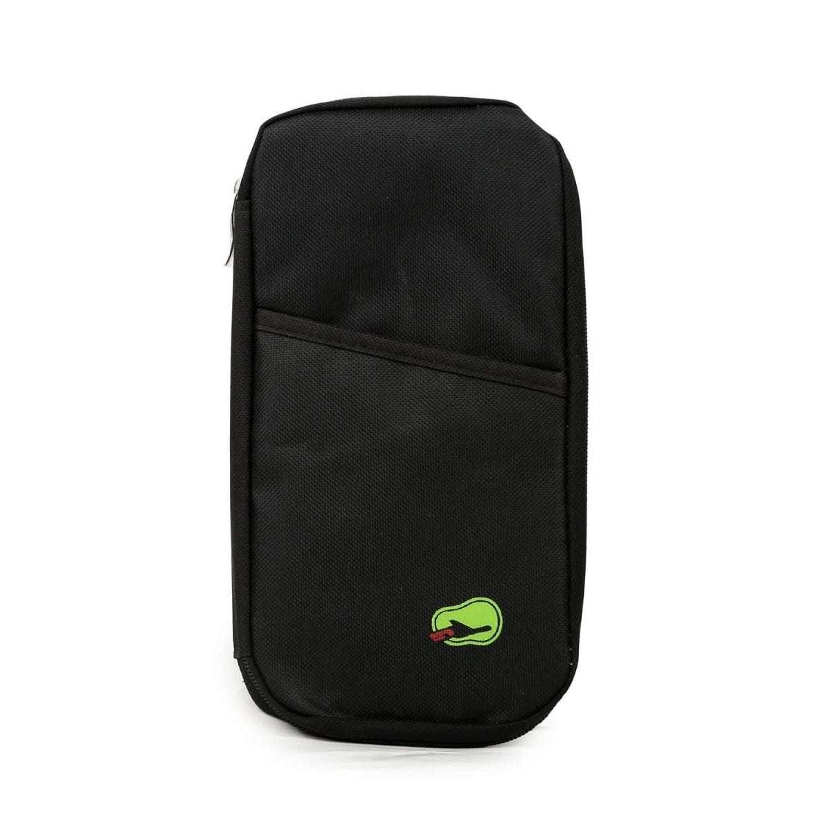 Black travel passport wallet with zipper, back slip pocket, green logo patch.