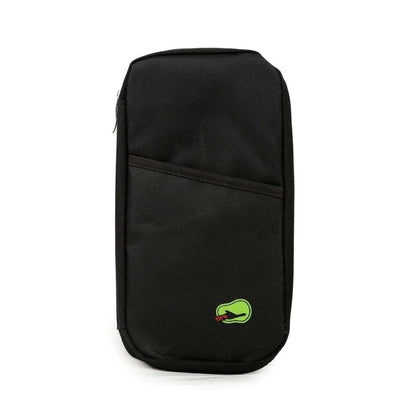 Black travel passport wallet with zipper, back slip pocket, green logo patch.