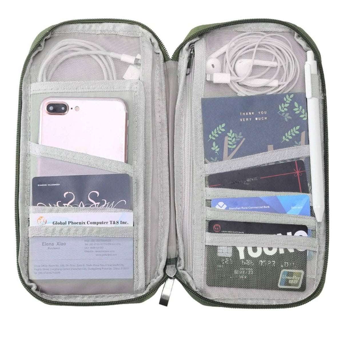 Gray passport wallet opened with phone and card compartments and zipper divider