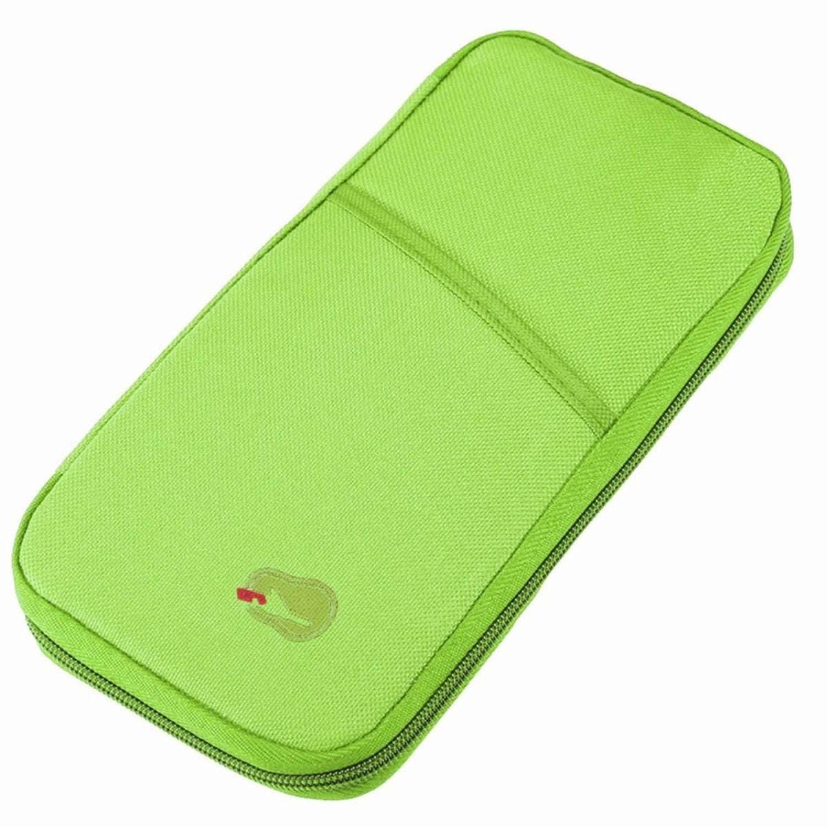 Green zip travel document wallet, front and side seams with small logo