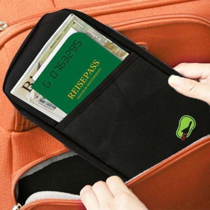 Black passport wallet with a passport card sleeve visible inside an orange bag.