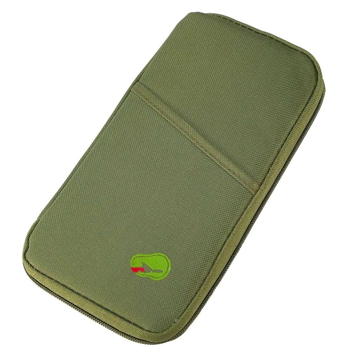 Olive green passport wallet with zipper closure and stitched front panel