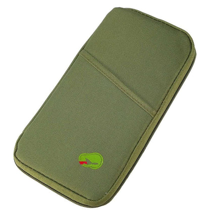 Olive green passport wallet with zipper closure and stitched front panel