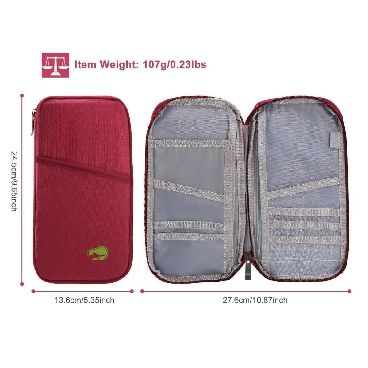 Red passport wallet opened with interior card slots and zip pocket divider