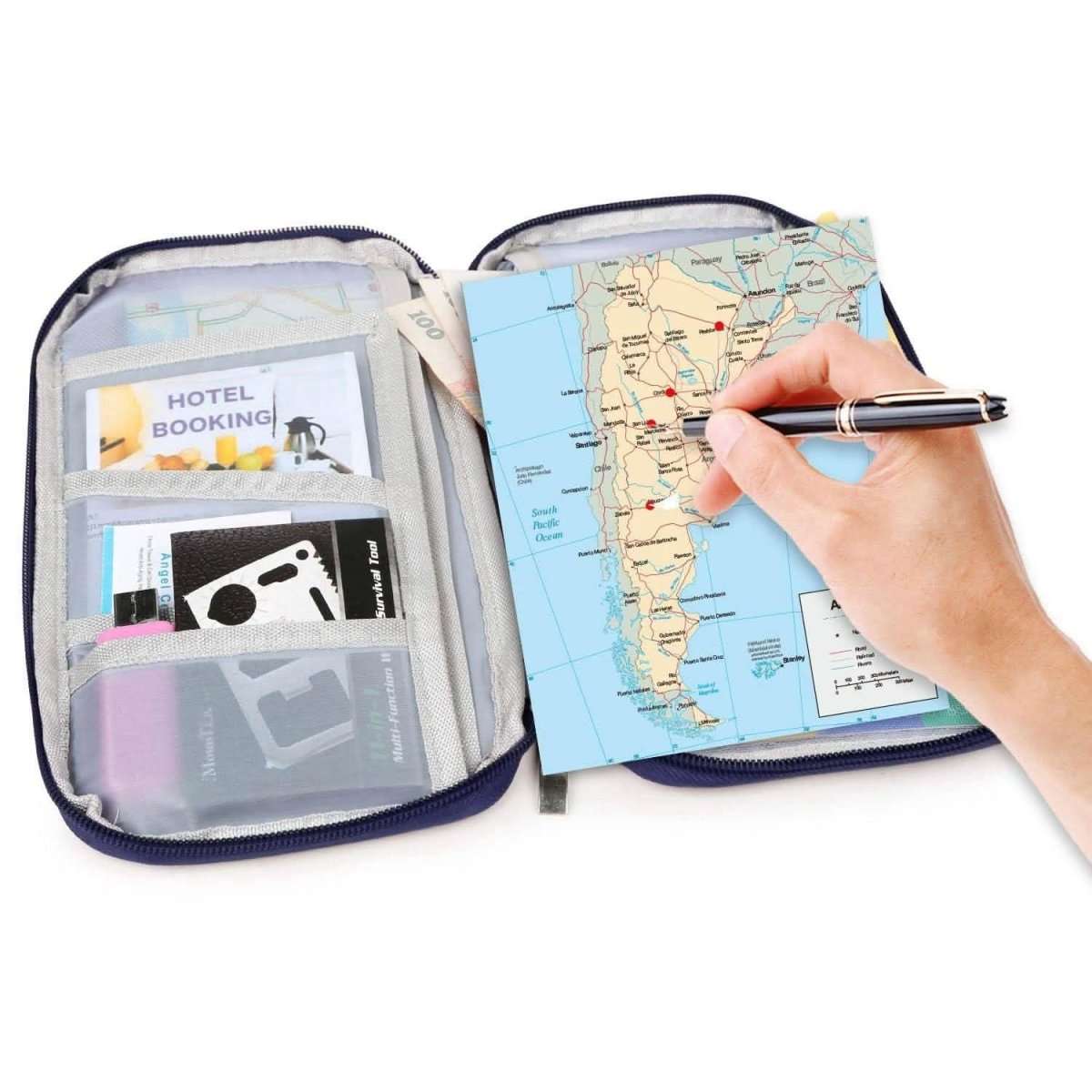 Blue travel passport wallet open, holding passport folder and printed maps