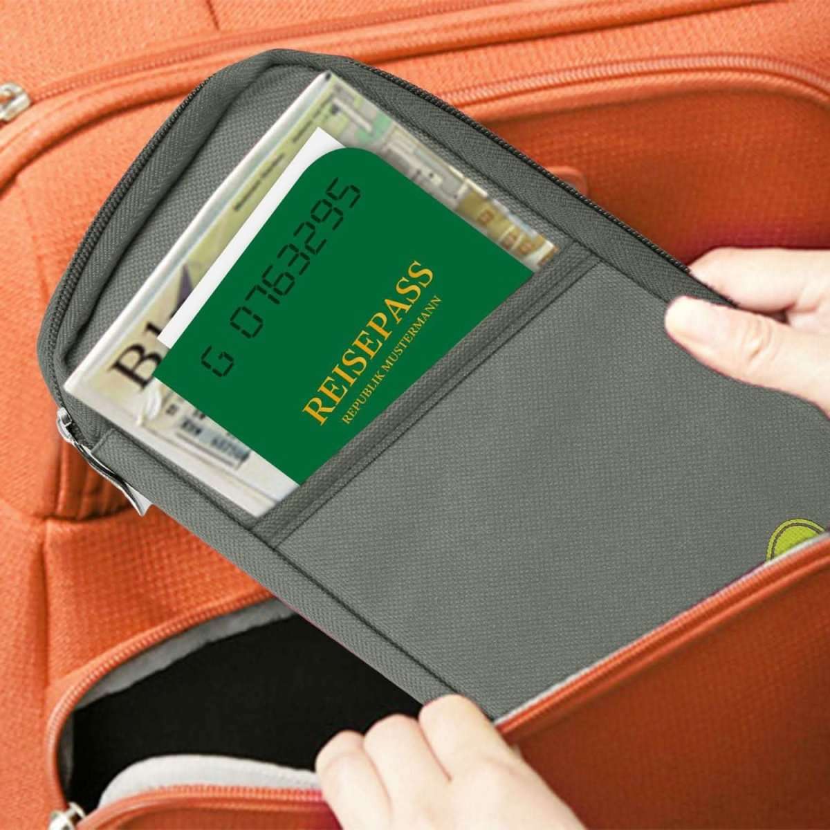 Gray travel passport wallet open with card and passport slots visible