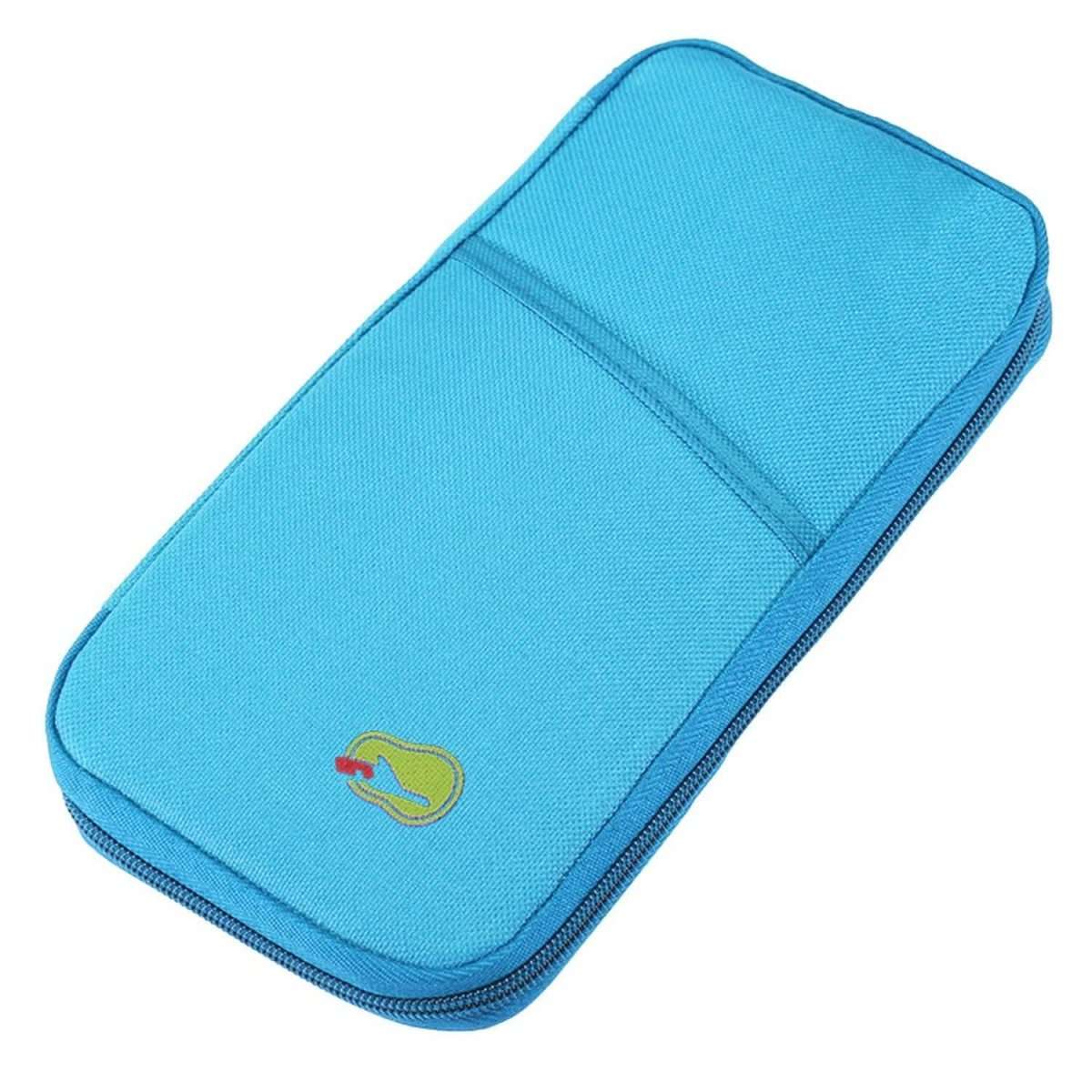 Blue long passport wallet case with zip closure and small green logo, single exterior panel.