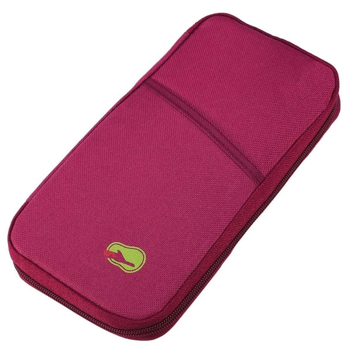 Travel passport wallet in pink with front zip and green crocodile logo patch