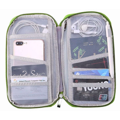 Green-trimmed zip travel wallet opened to show pockets for cards and cables