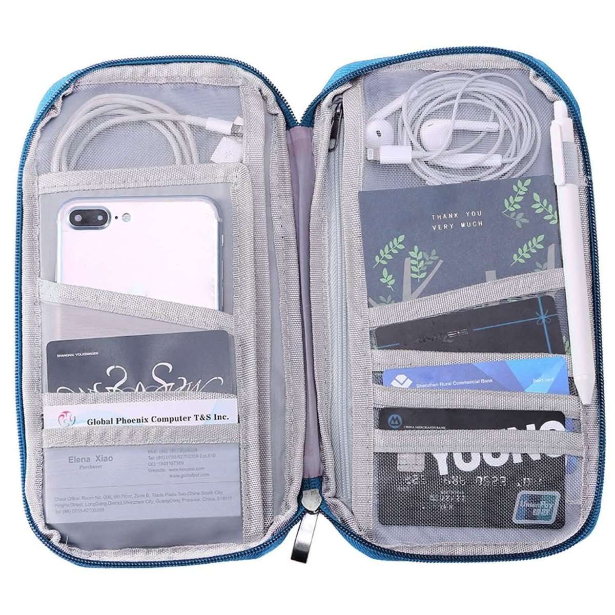 Blue-trimmed zip travel wallet with interior card and document pockets