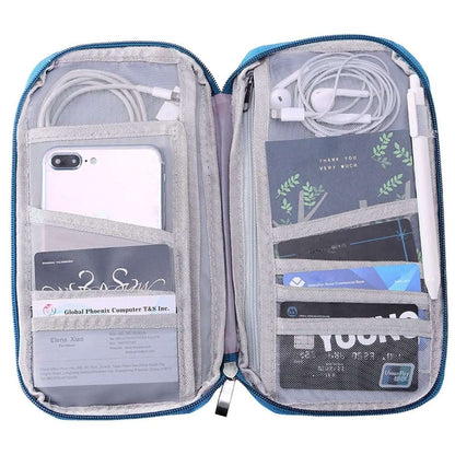 Blue-trimmed zip travel wallet with interior card and document pockets