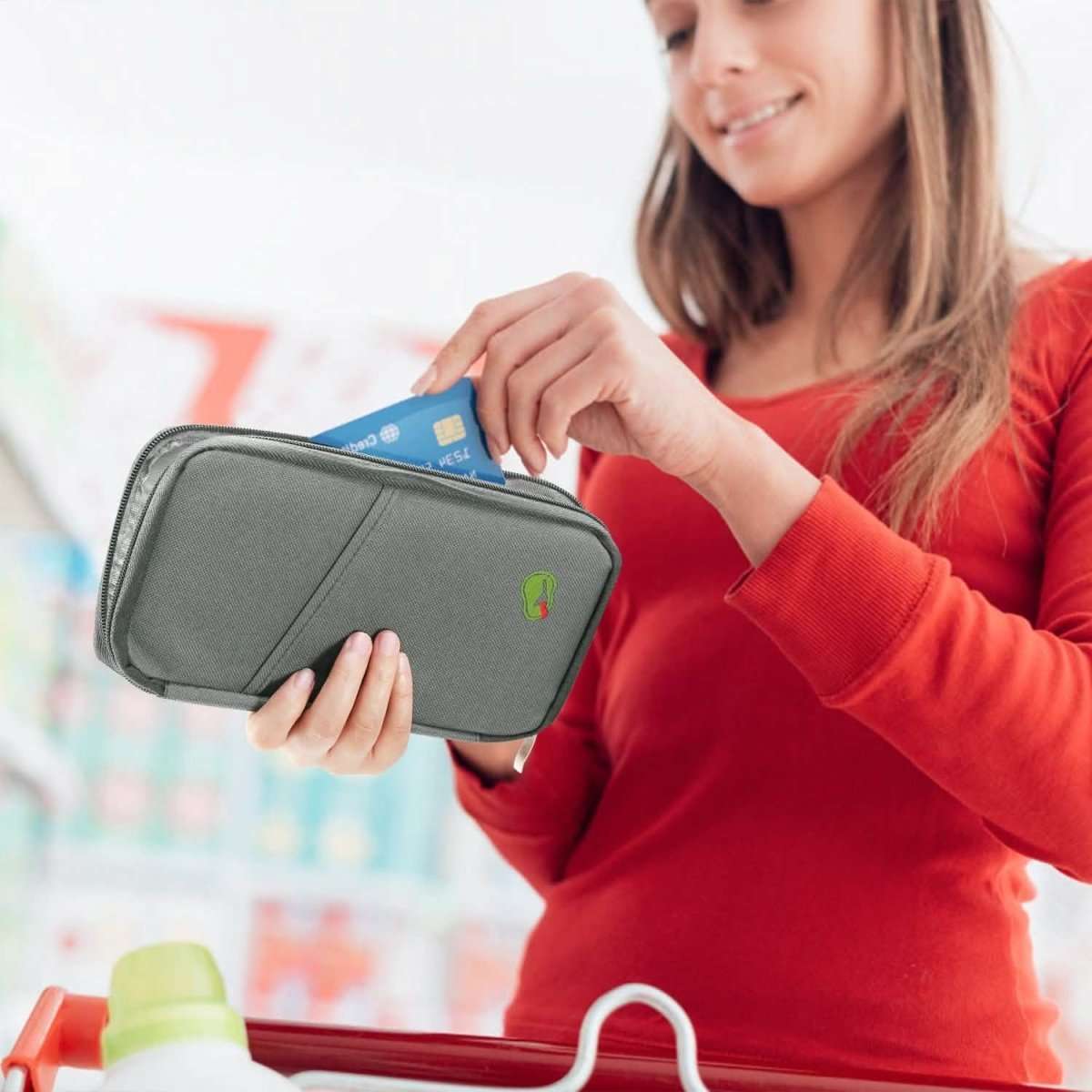 Olive gray travel passport wallet with zipper edge and card/phone-sized pouch