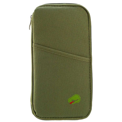 Dark green passport wallet with zip closure, front seam panel, and small logo patch