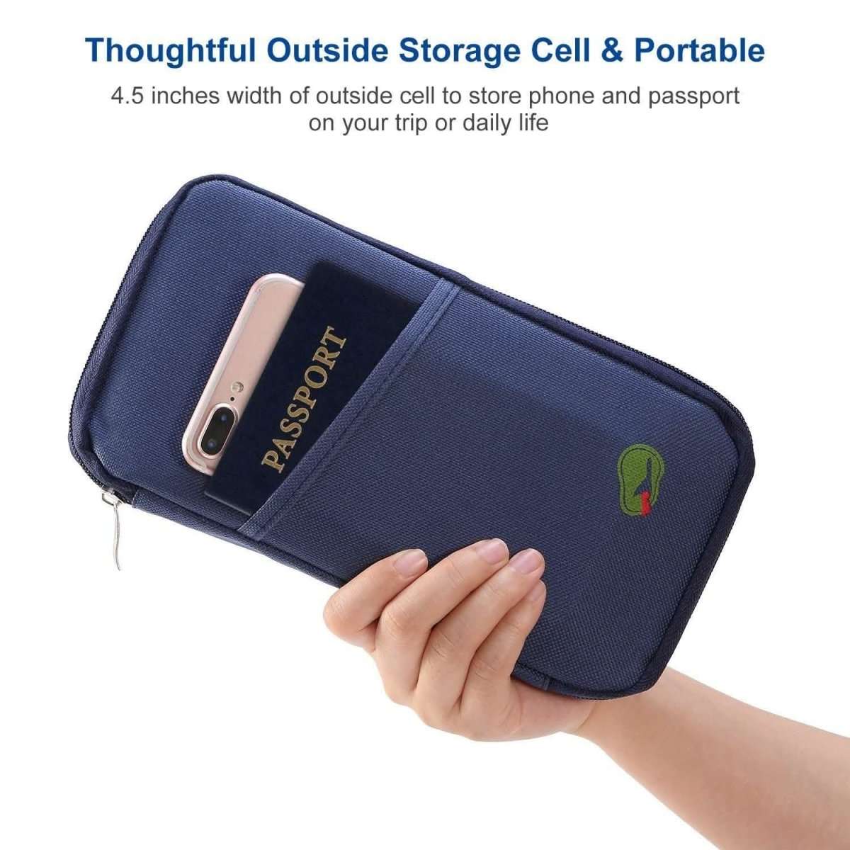 Travel passport wallet in dark navy with passport in front slot and phone pocket