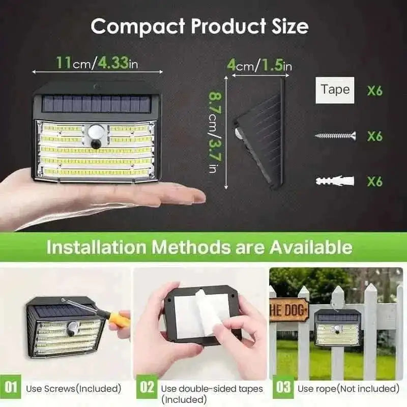 Compact solar motion sensor floodlight with mounting screws and tape installation