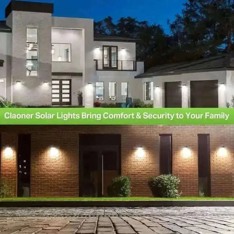 Outdoor solar LED lights mounted on a home facade for security and comfort