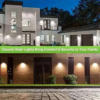 Outdoor solar LED lights mounted on a home facade for security and comfort