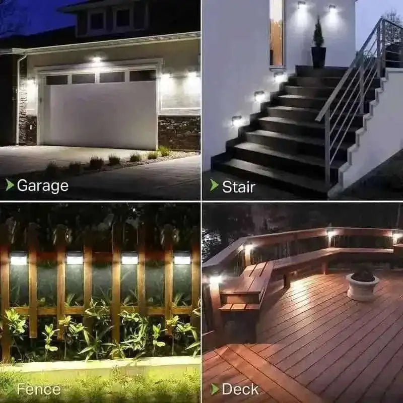 Solar LED motion sensor lights illuminating a garage, stairs, fence, and deck