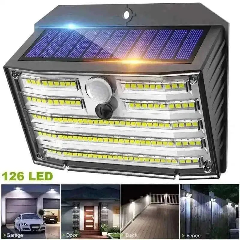 Solar-powered motion sensor floodlight with solar panel and cold white LED bars