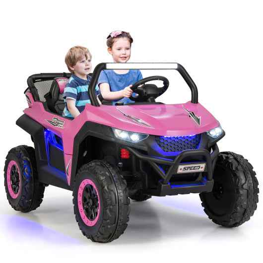 Pink 2-seat kids ride-on UTV with steering wheel, front LED headlights, and music