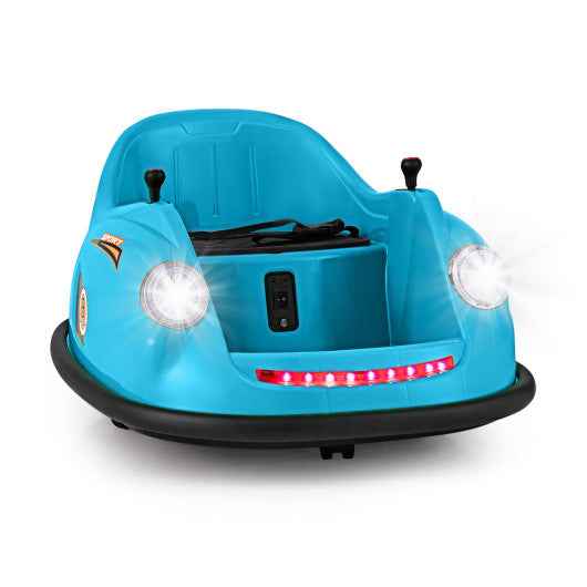 Blue kids electric bumper car with front LED lights and black bumper base