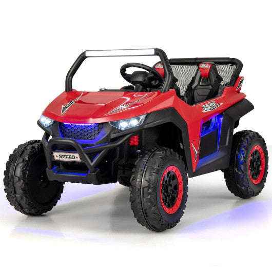 Red 12V two-seat kids ride-on UTV with two front headlights and red wheels