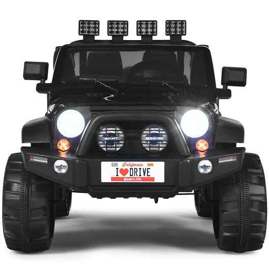 Black 12V 2-seater ride-on car with remote, front headlights and grille