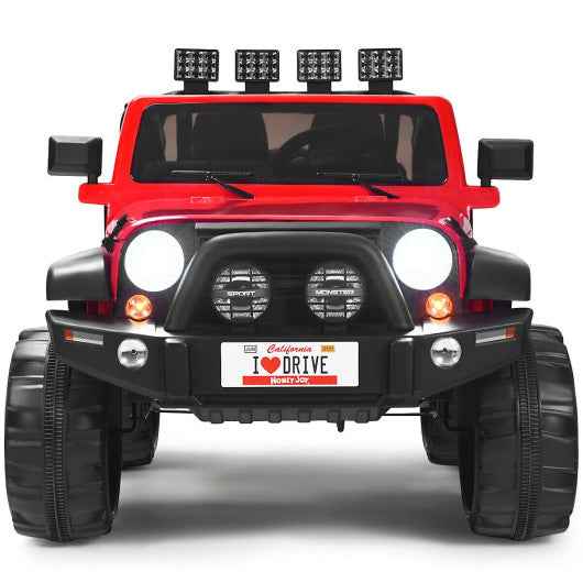 Red two-seater ride-on car truck with black grille and front headlights, four-wheel design